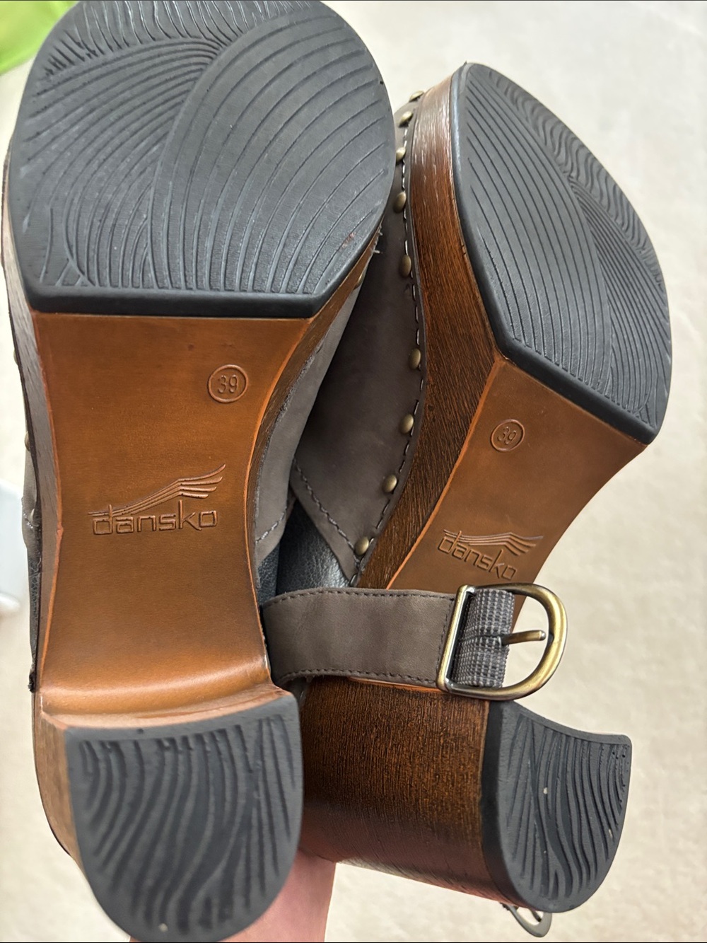 Dansko mushroom grey hobnail Leather Adjustable Back Strap Clogs - Picture 10 of 11